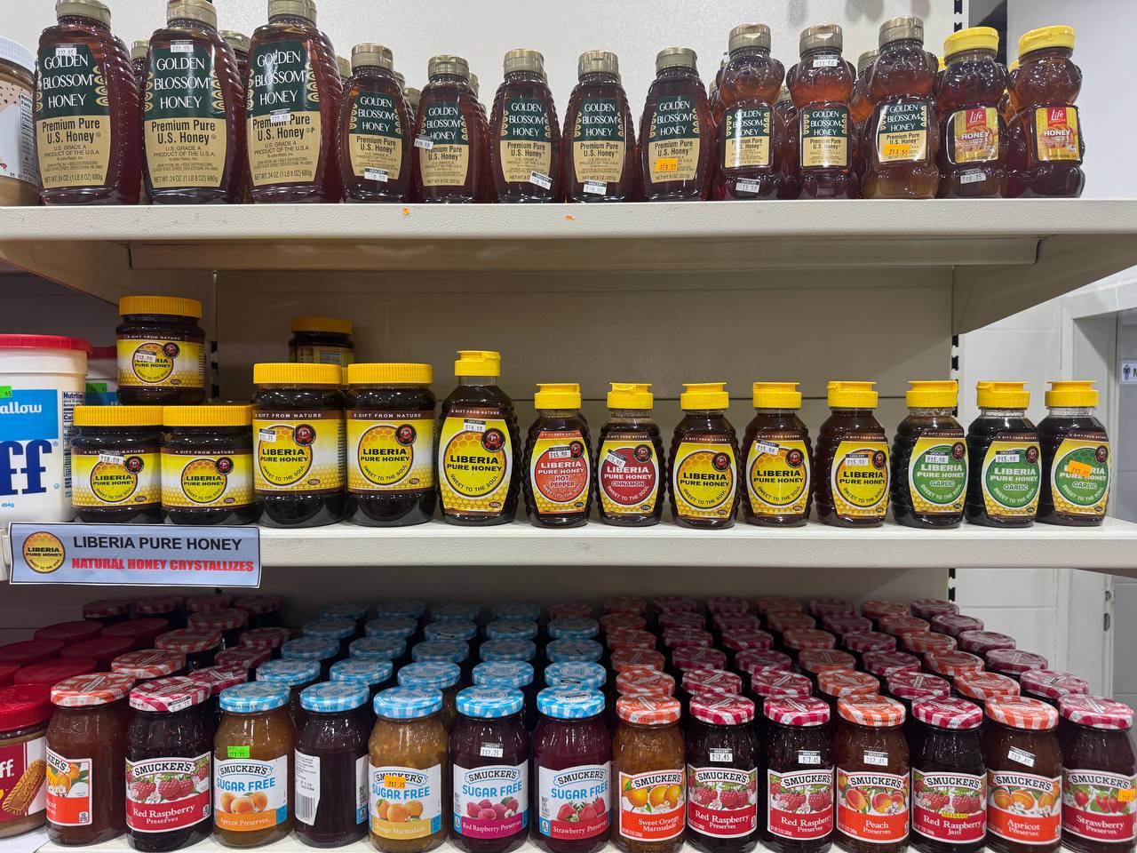 Liberia Pure honey on shelves at a Monrovia grocery